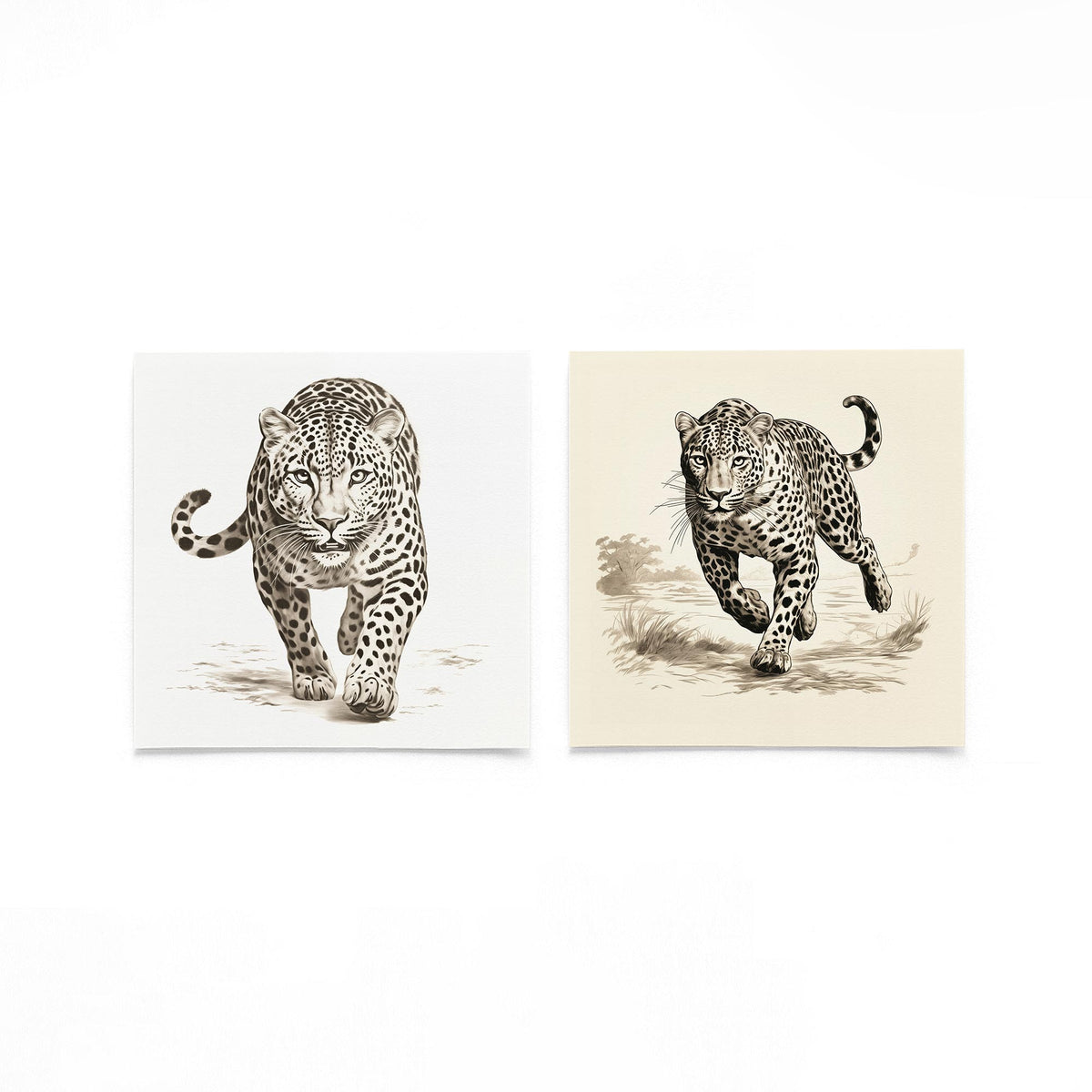 Twee vierkante posters met luipaarden op een gebroken witte achtergrond