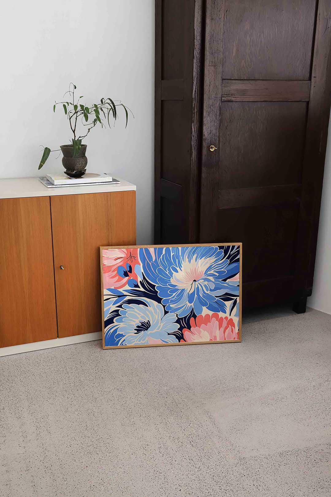 Bloemen in blauw en roze Poster