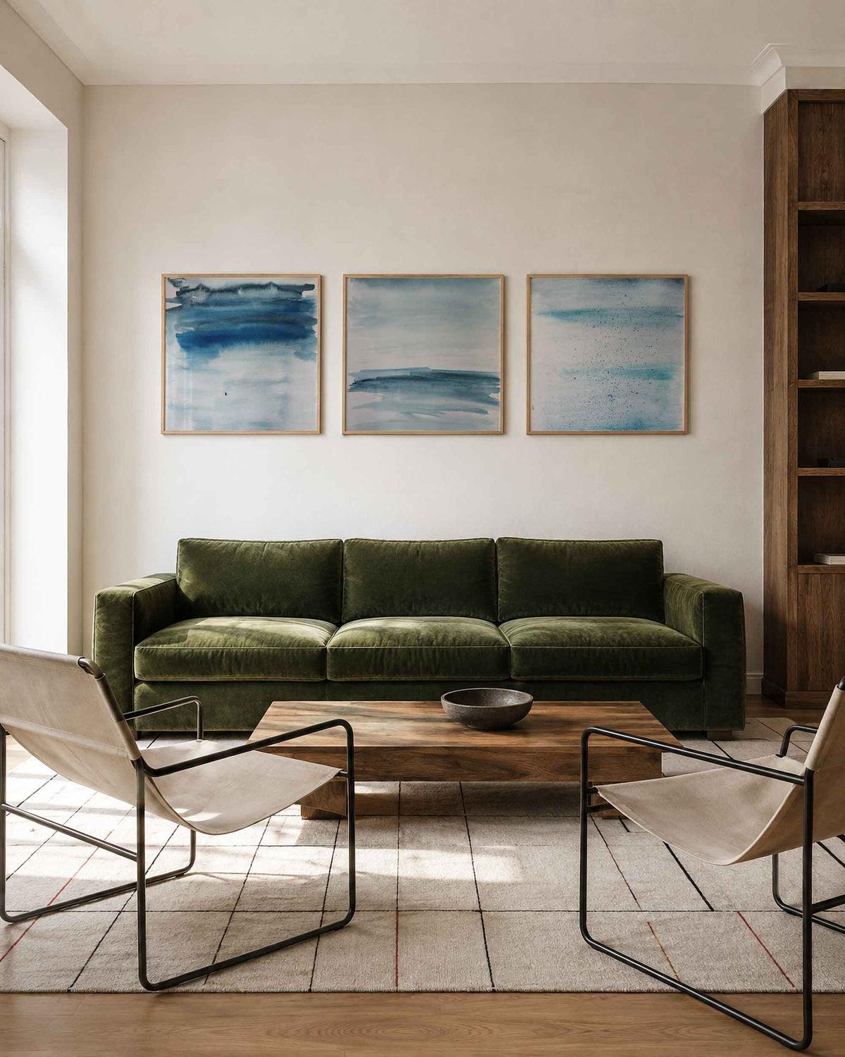 Interieurpresentatie van een driedelige vierkante posterset met blauwe abstracte