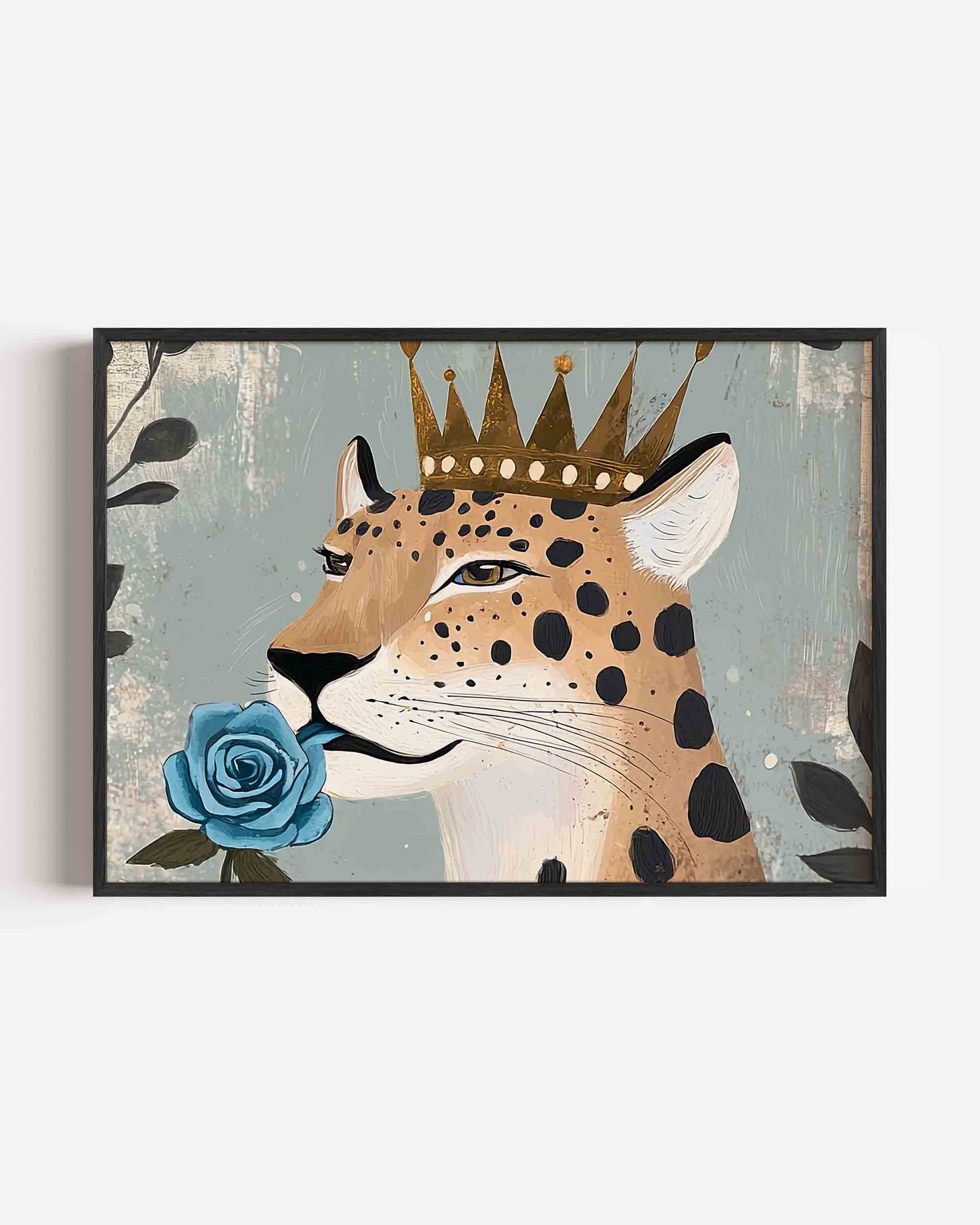 Luipaard met kroon en blauwe roos Poster