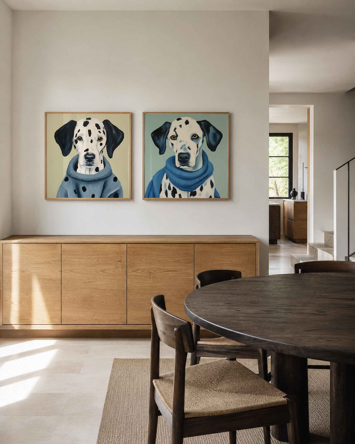 Interieurpresentatie van een tweedelige vierkante posterset met dalmatiër portretten