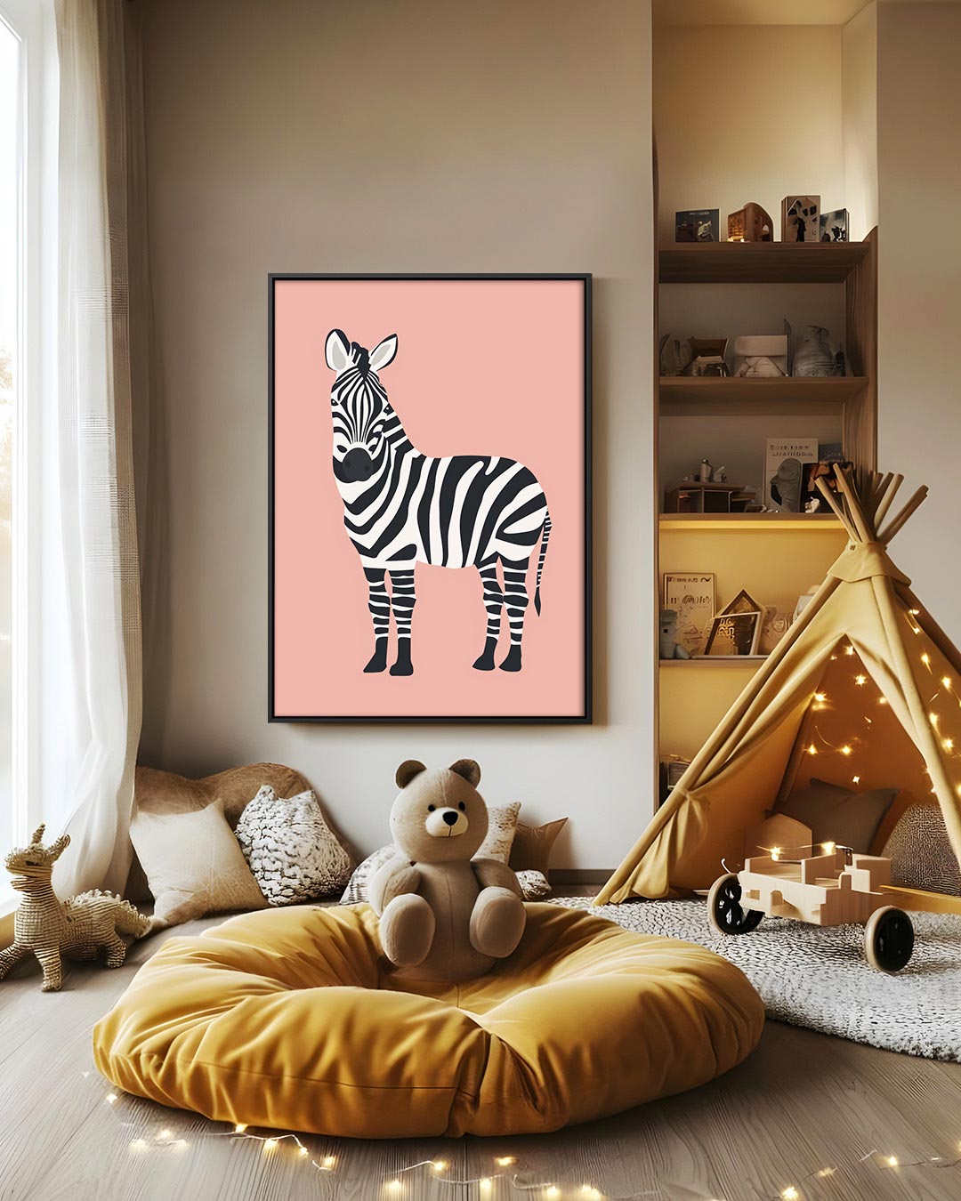 Zebra op roze achtergrond Kunstwerk