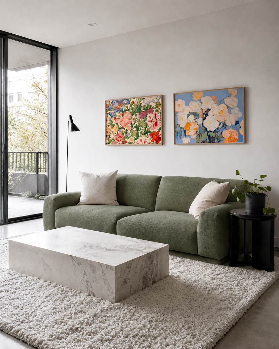 Twee liggende posters met een weelderige verzameling bloemen in levendige tinten, aan de muur in een interieur