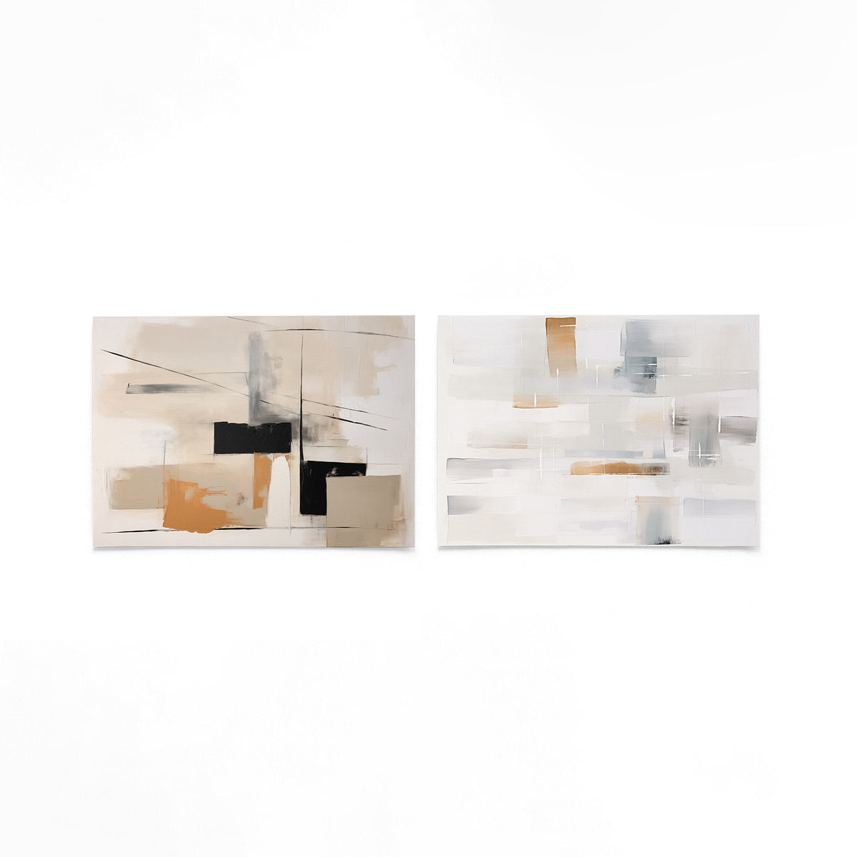 Twee liggende posters met een spel van zwarte lijnen en kleurvlakken in beige, zwart op een gebroken witte achtergrond