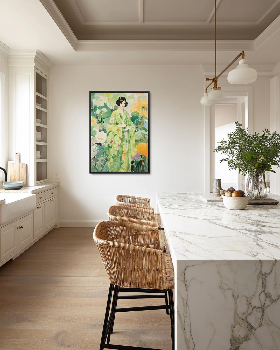 Vrouw in bloementuin Kunstwerk