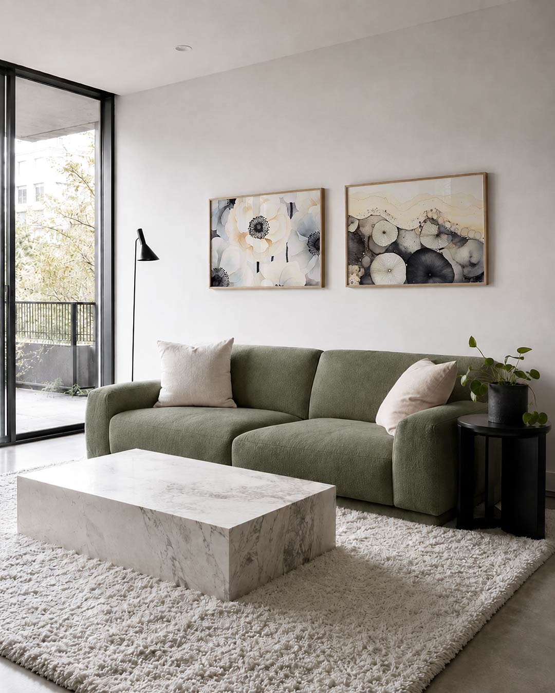 Tweedelige posterset met grote bloemen in zachte tinten, getoond in een interieur