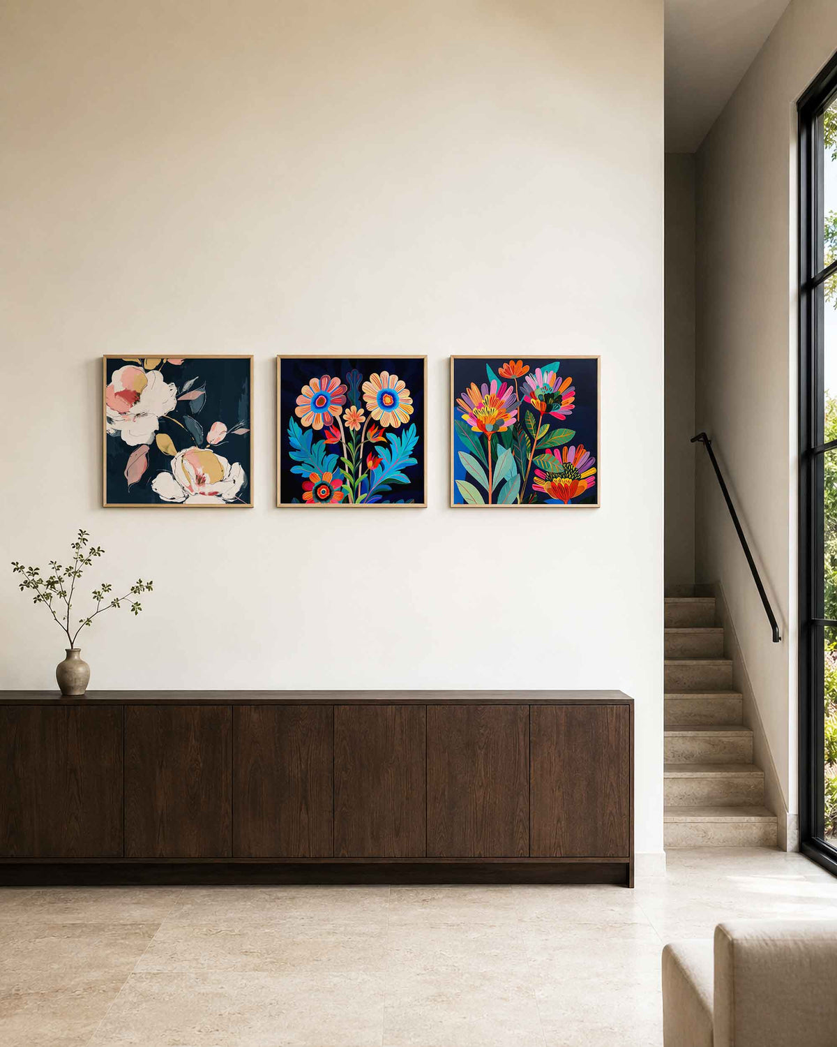 Interieurpresentatie van een driedelige vierkante posterset met kleurrijke bloemen