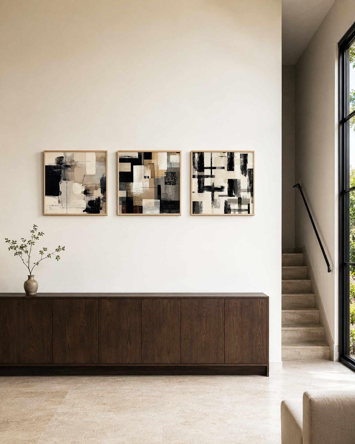 Interieurpresentatie van een driedelige vierkante posterset met abstracte vlakken