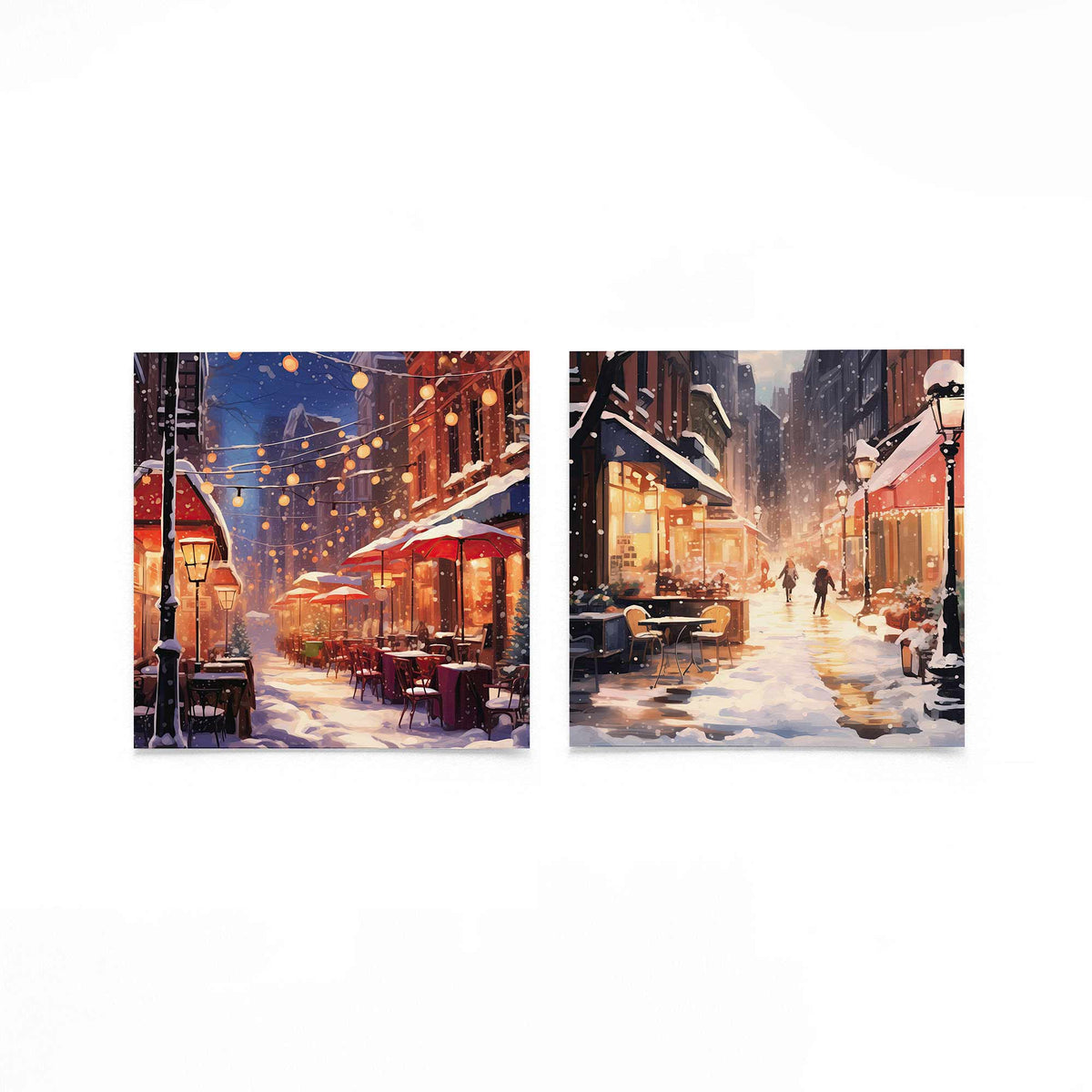 Twee vierkante posters met besneeuwde stadsstraat op een gebroken witte achtergrond