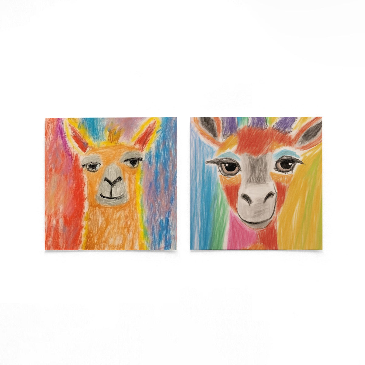 Twee vierkante posters met kleurrijke apenportretten op een gebroken witte achtergrond