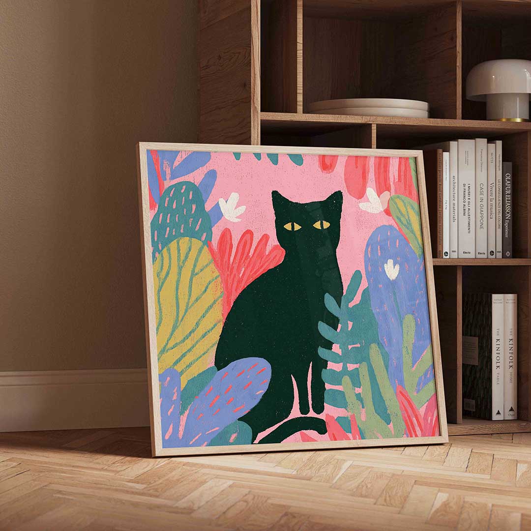 Zwarte kat met kleurrijke bladeren Poster