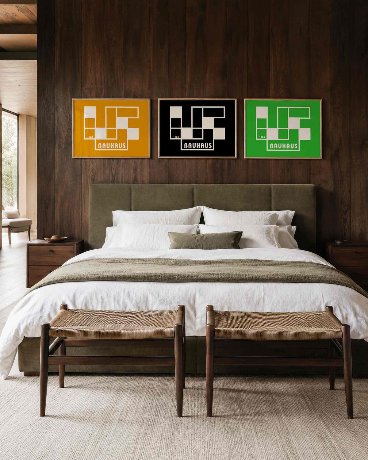 Interieurmockup van drieluik landscape-posterset met geometrisch jaarbeeld