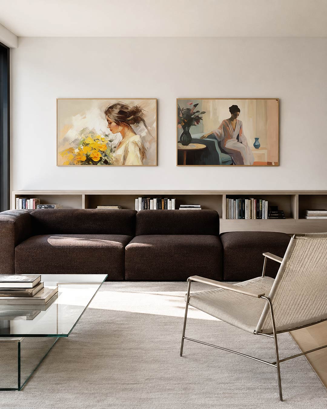 Twee liggende posters met een vrouw met losse penseelstreken en een boeket gele bloemen, aan de muur in een interieur