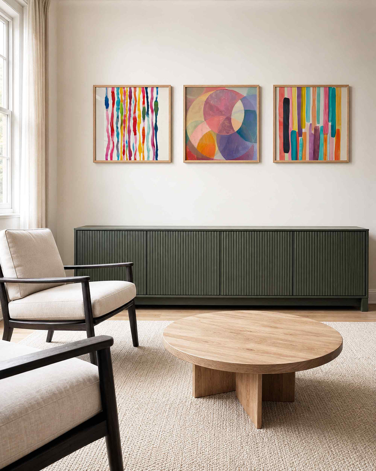 Interieurpresentatie van een driedelige vierkante posterset met kleurrijke abstracte