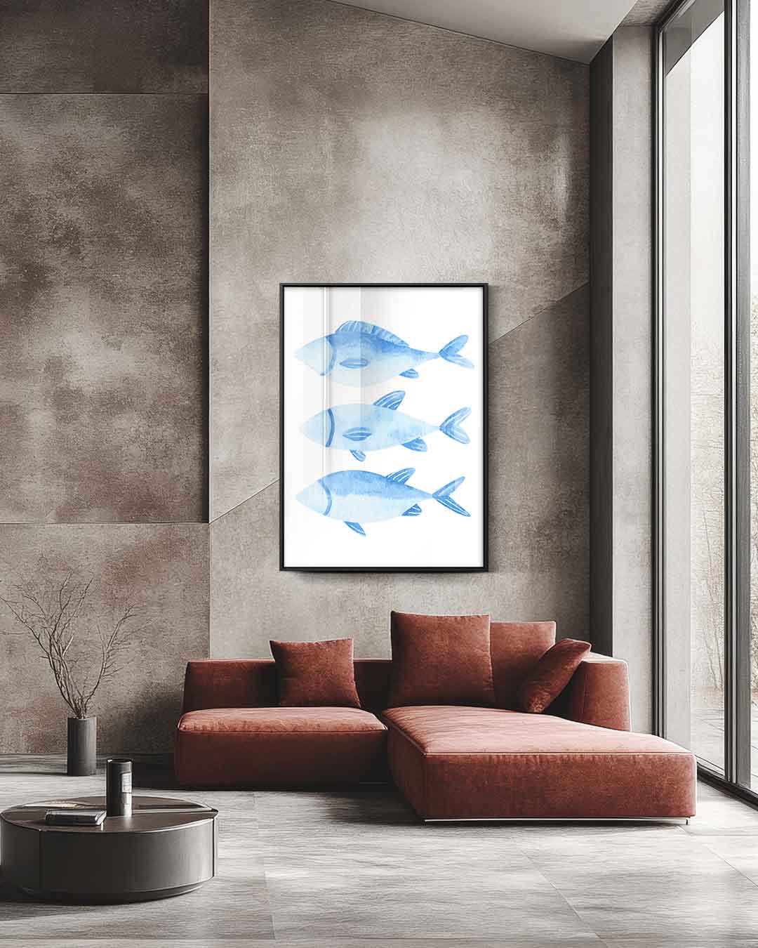 Blauw Waterverf Vissen Trio Kunstwerk-canvas-dibond-plexiglas-wanddecoratie-WallArtistic