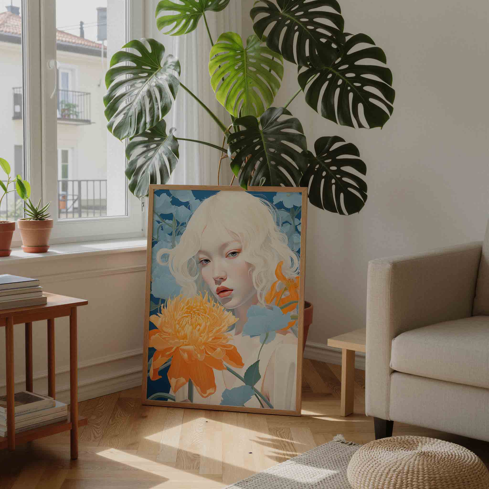 Vrouw met oranje bloem Poster