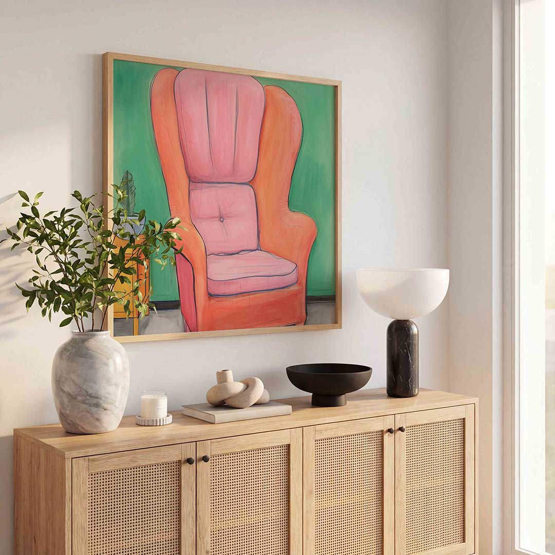 Roze fauteuil en groene muur Poster