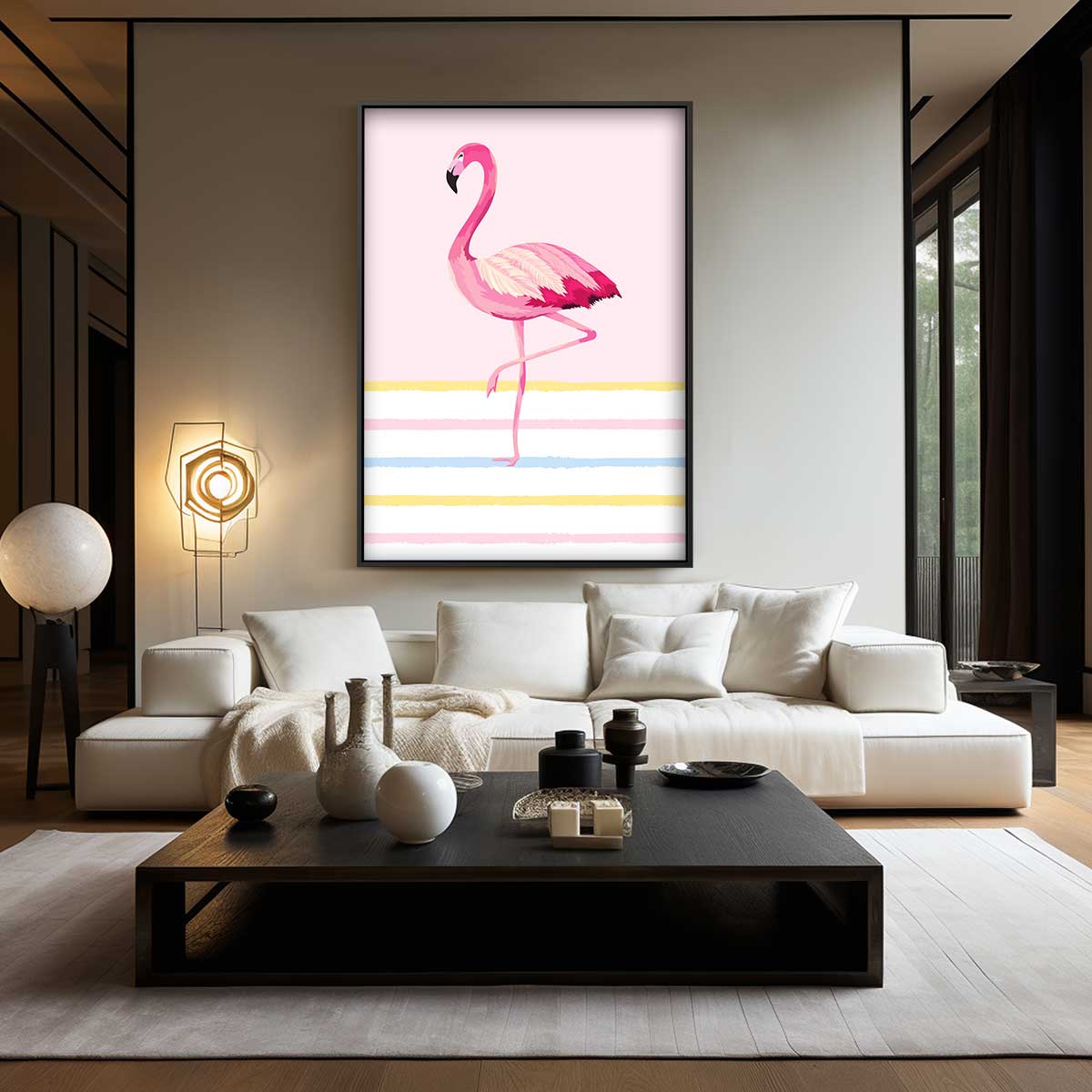 Stijlvolle Flamingo op Strepen Kunstwerk-canvas-dibond-plexiglas-wanddecoratie-WallArtistic