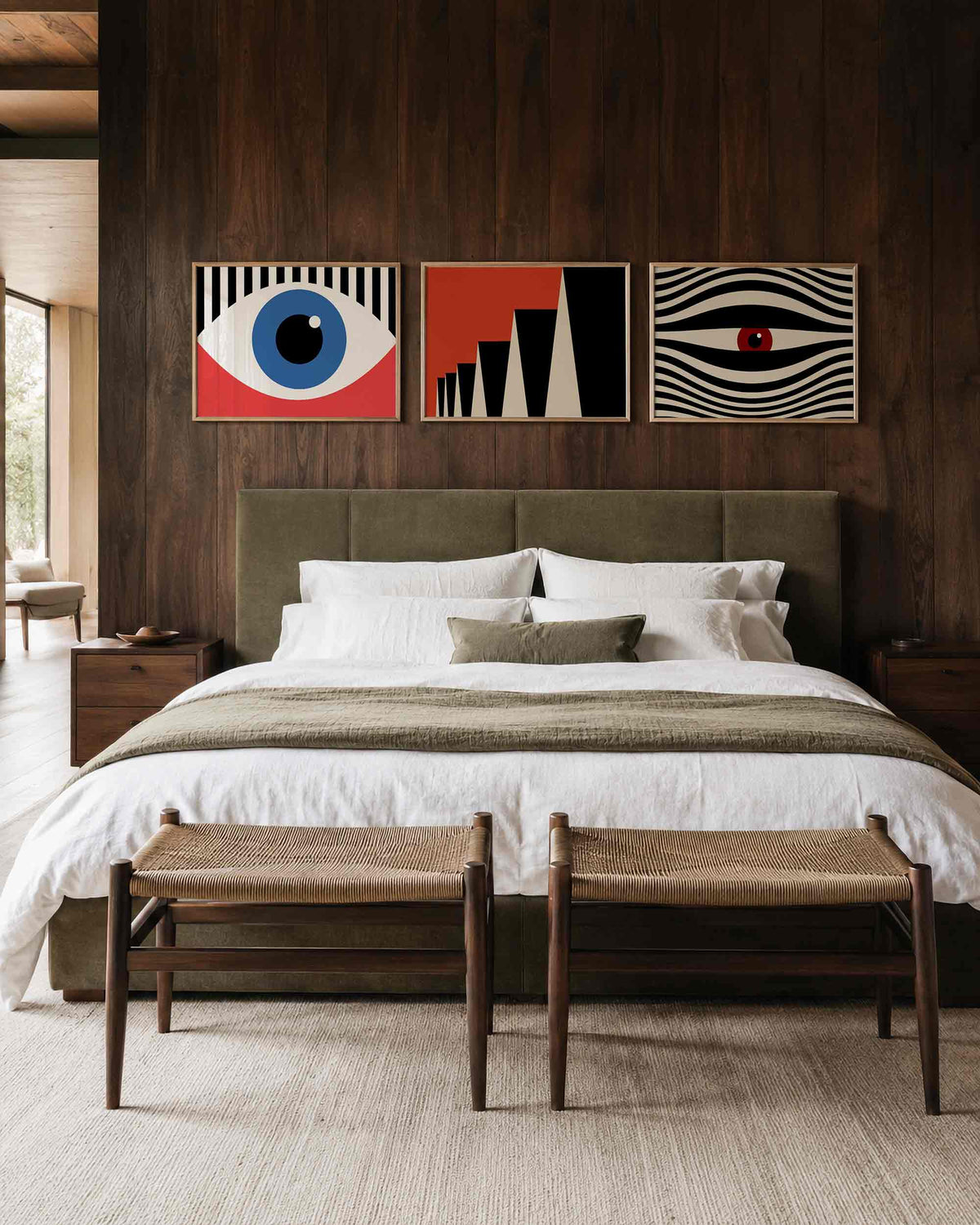 Interieurmockup van drieluik landscape-posterset met blik, pieken en golven