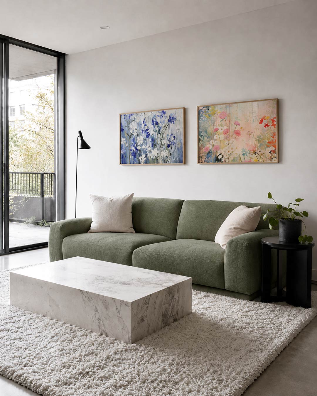 Tweedelige posterset met witte en blauwe bloemen tegen een zachte, wazige achtergrond, getoond in een interieur
