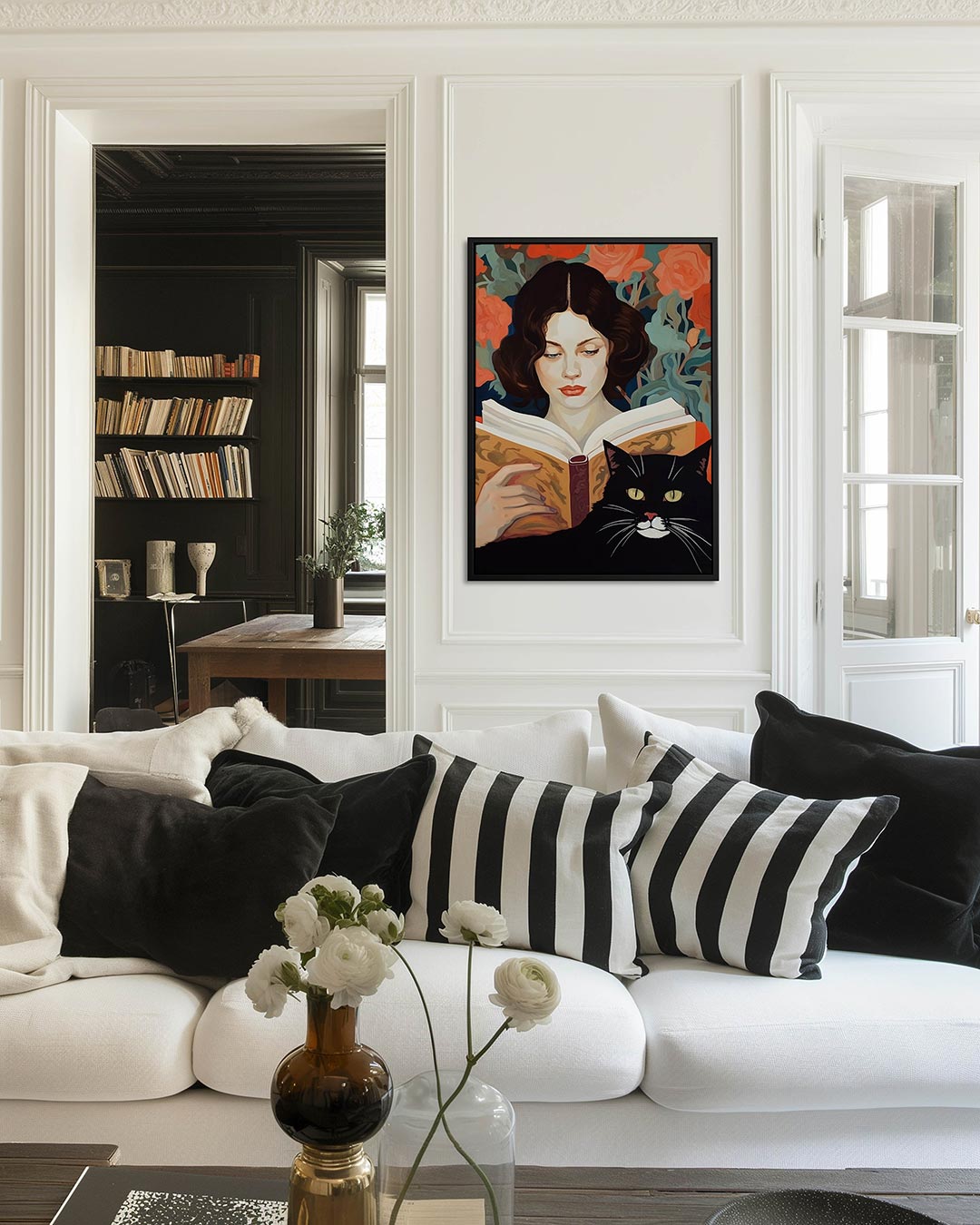 Vrouw met boek en kat Kunstwerk