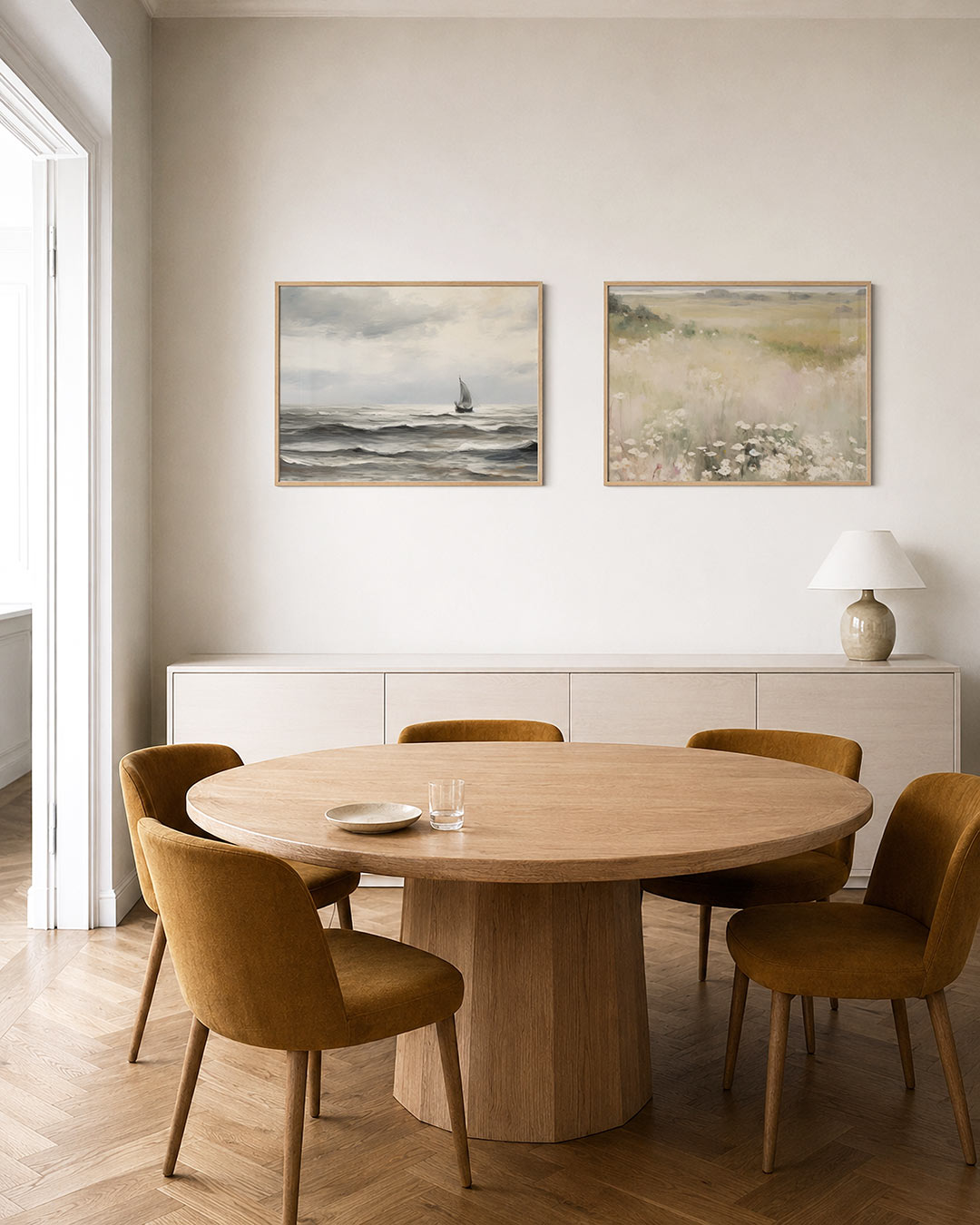 Tweedelige posterset met een eenzame zeilboot op een rustige zee, getoond in een interieur