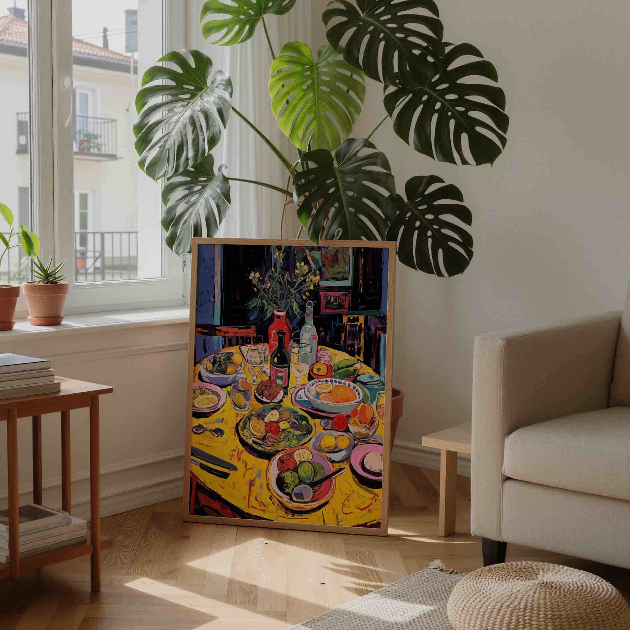 Fruit en flessen op tafel Poster