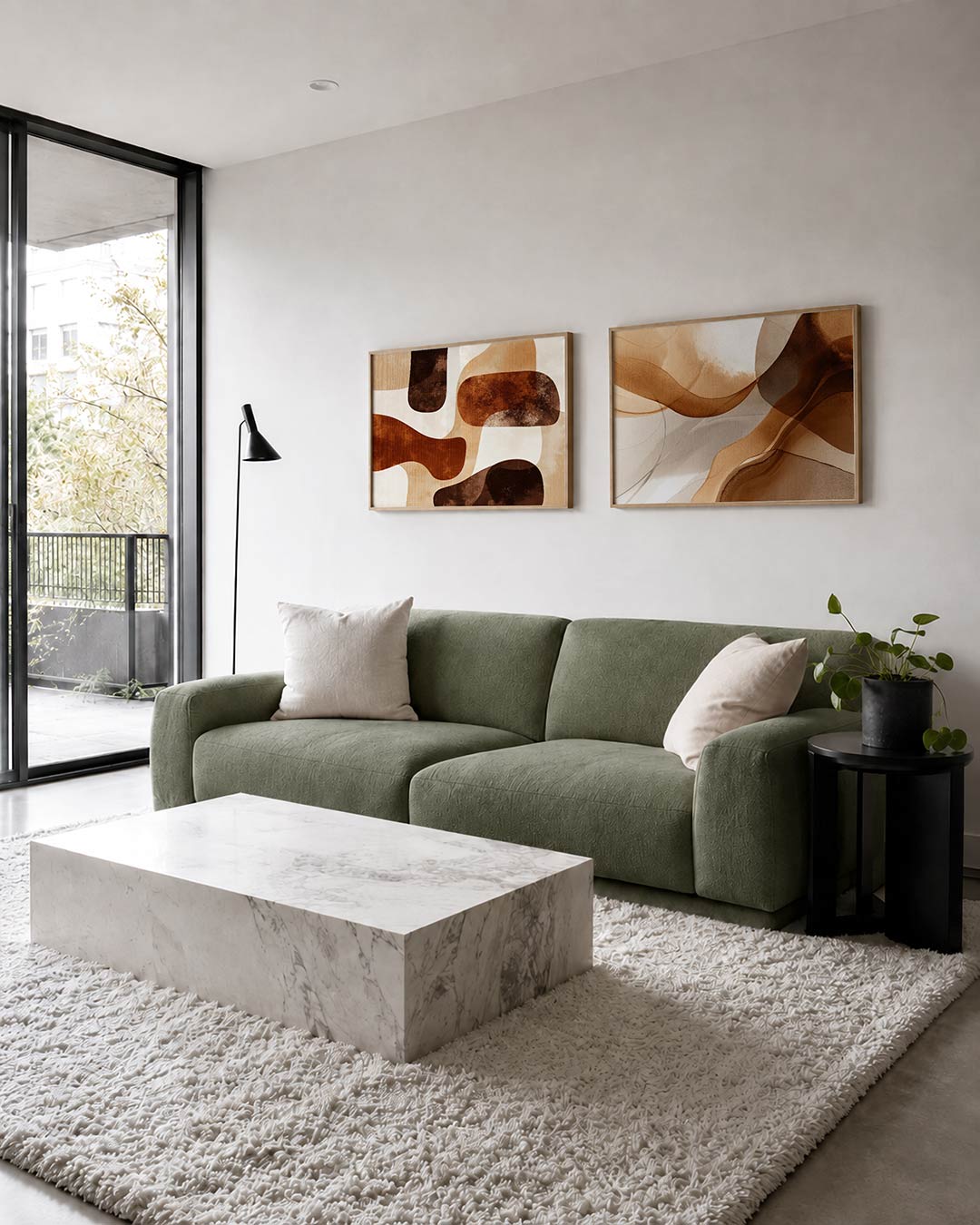 Twee liggende posters met vloeiende vormen in warme aardetinten, aan de muur in een interieur