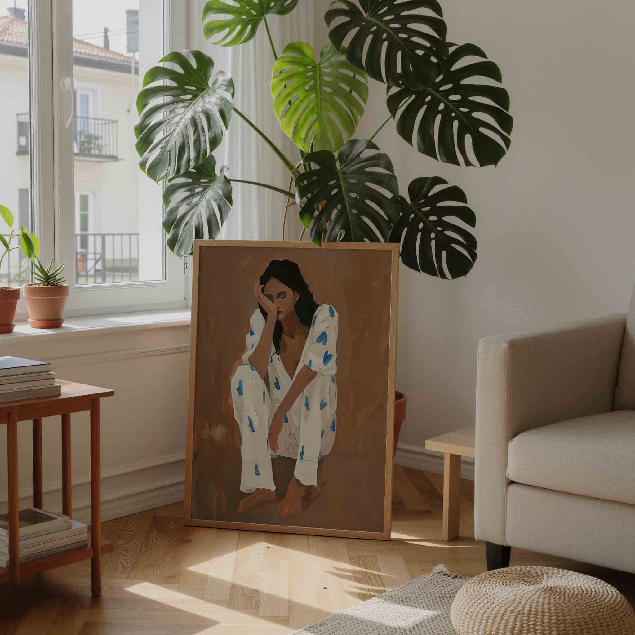 Zittende figuur met blauwe accenten Poster