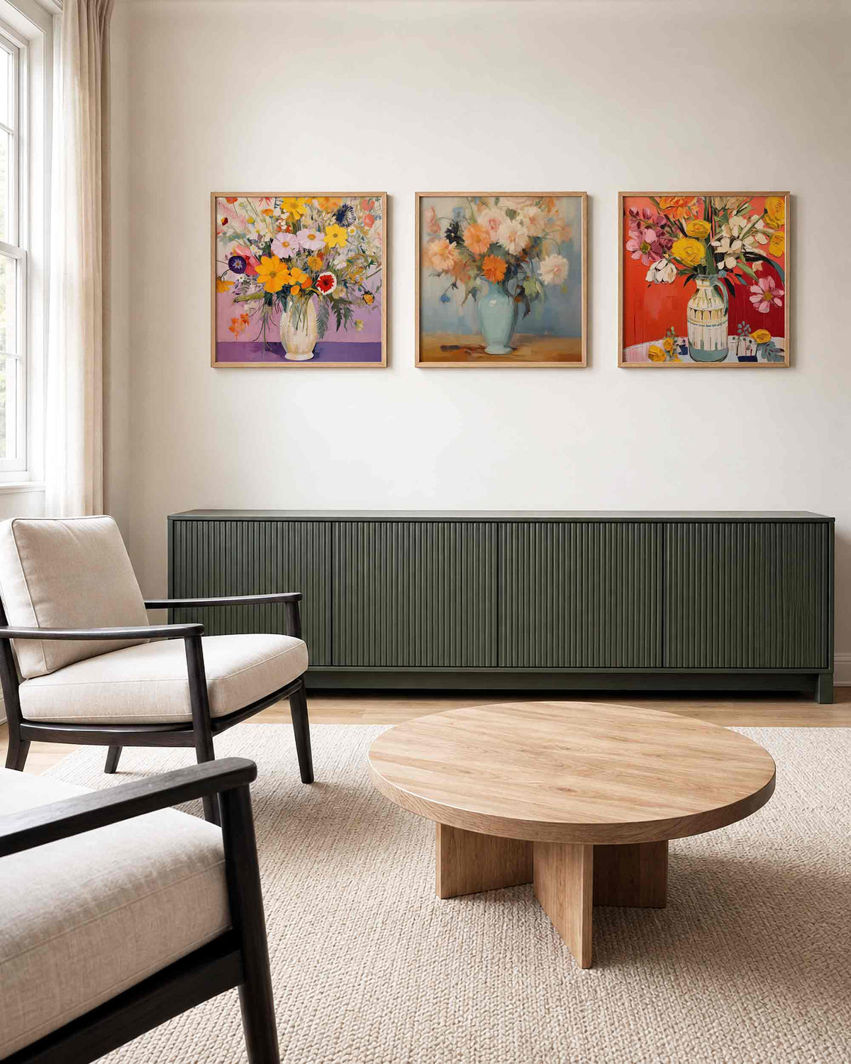 Interieurpresentatie van een driedelige vierkante posterset met bloemen in vazen