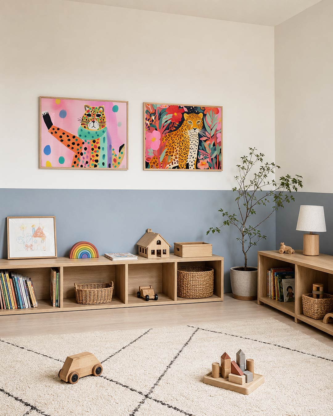 Interieurpresentatie van twee posters met een kleurrijke kat met stippen en strepen op een roze achtergrond