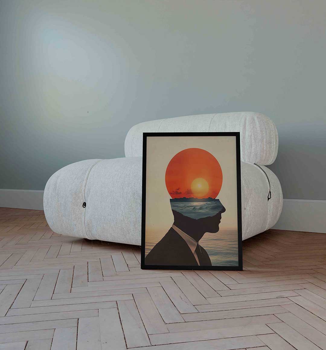 Silhouet met zonsondergang Poster