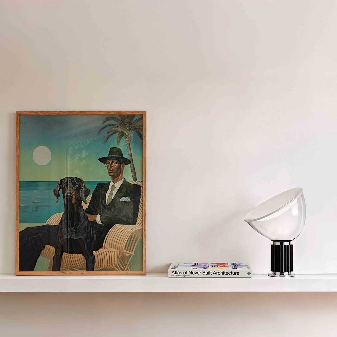Man met hond en palmboom Poster