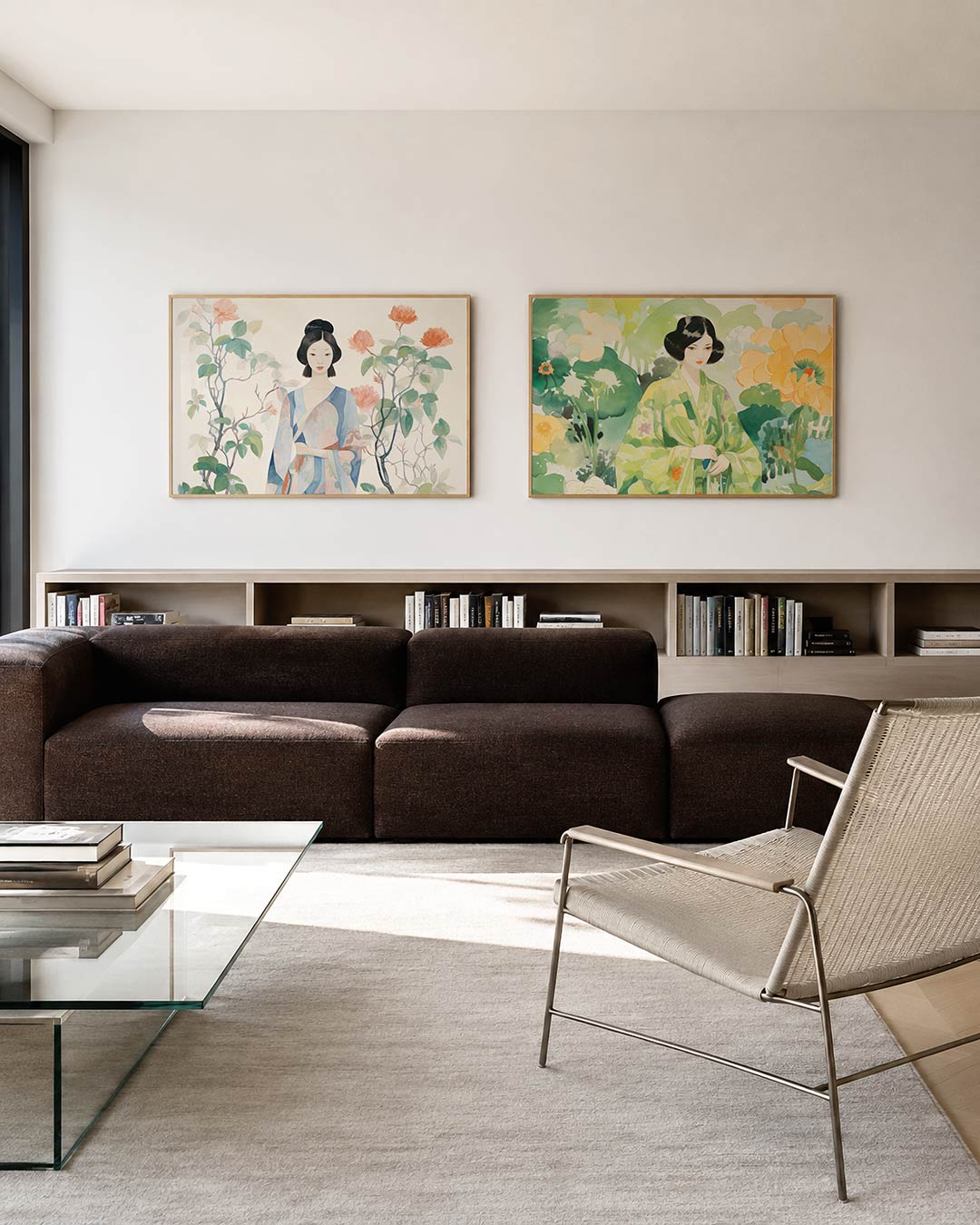Tweedelige posterset met een vrouw tussen bloemen en bladeren in zachte pasteltinten, getoond in een interieur