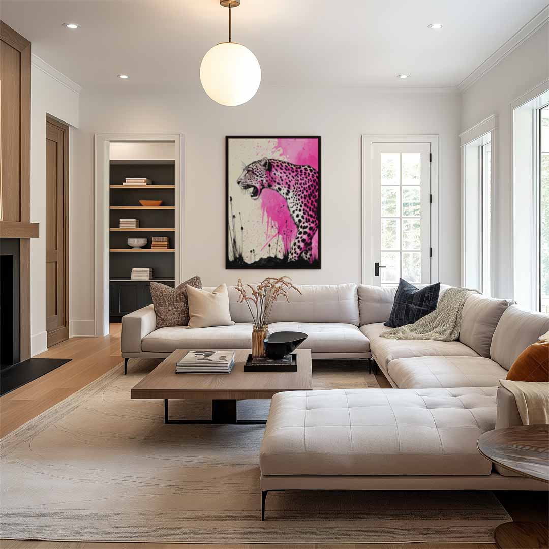 Roze Luipaard Expressie Kunstwerk-canvas-dibond-plexiglas-wanddecoratie-WallArtistic