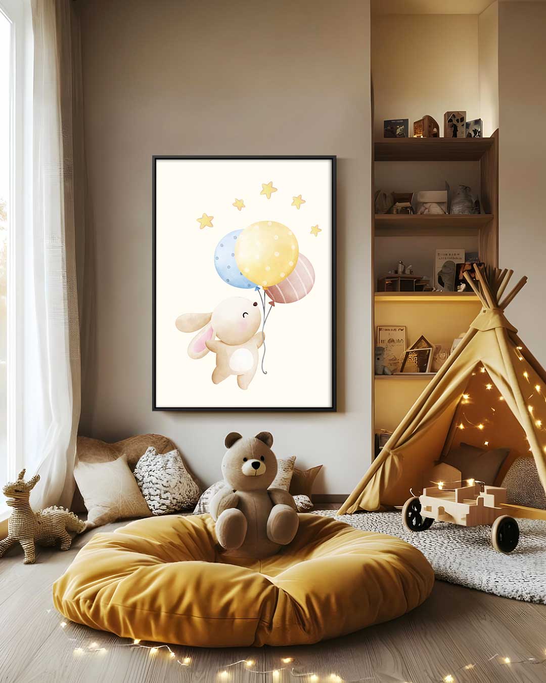 Vrolijke Konijn met Ballonnen Kunstwerk-canvas-dibond-plexiglas-wanddecoratie-WallArtistic
