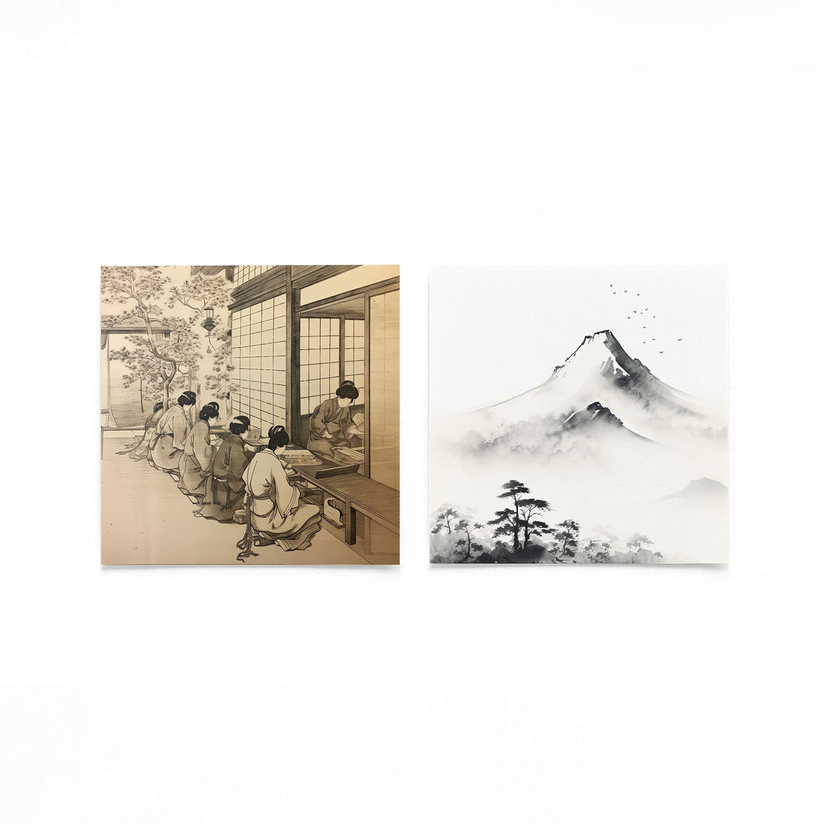 Twee vierkante posters met japanse scènes op een gebroken witte achtergrond