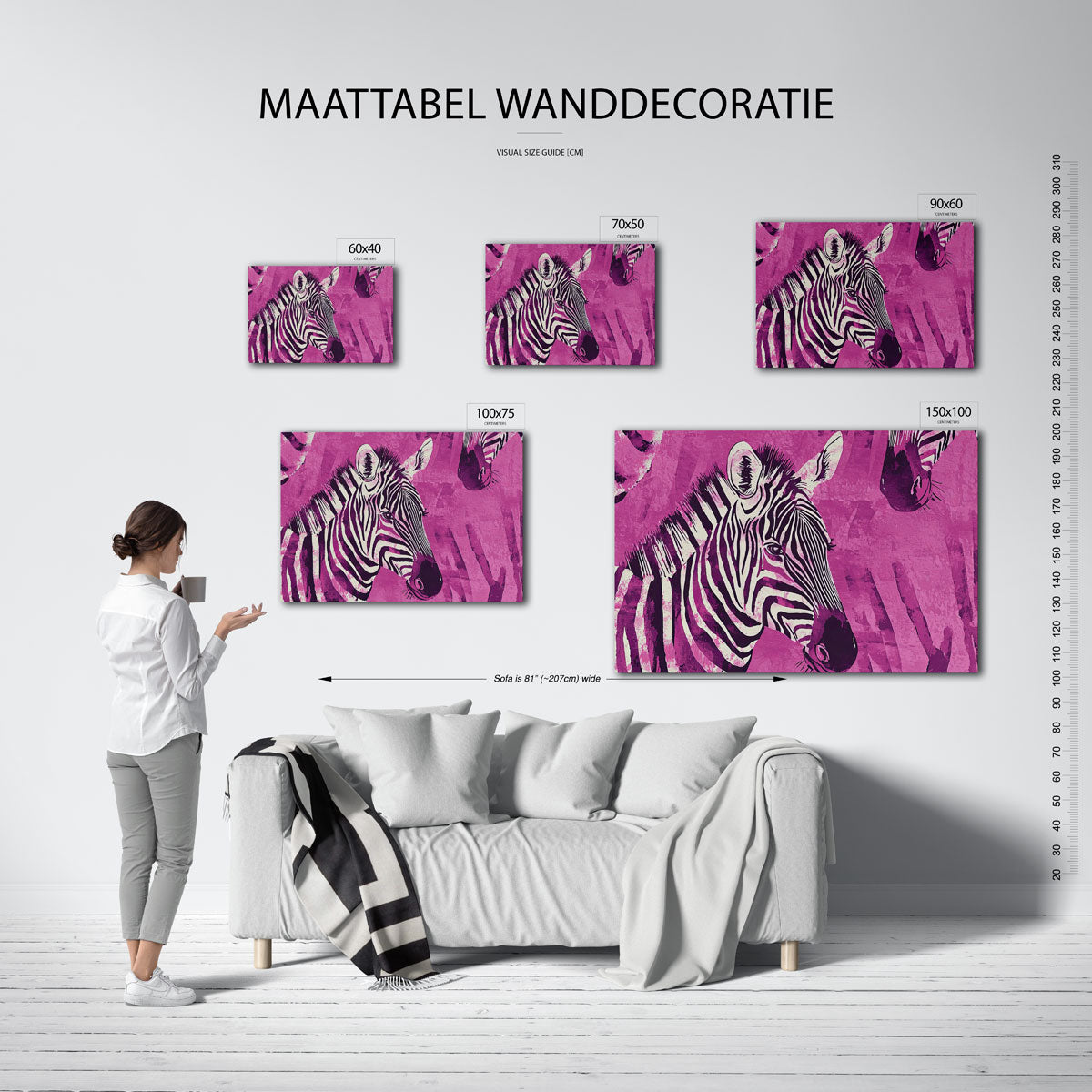 Zebra op roze achtergrond Kunstwerk