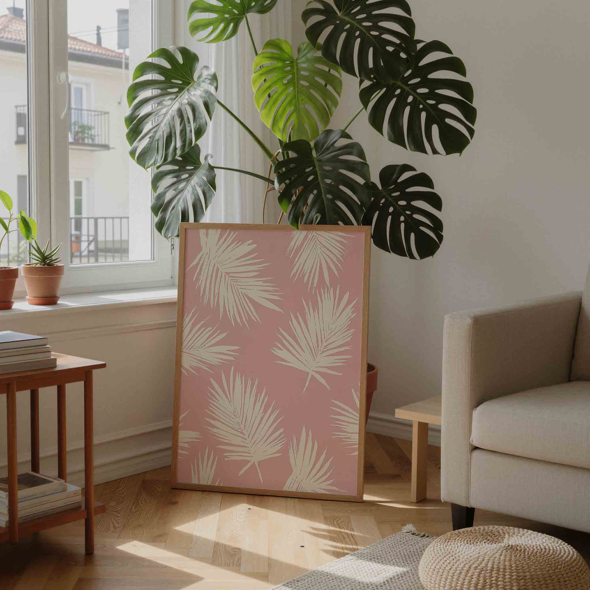 Beige bladeren op roze Poster