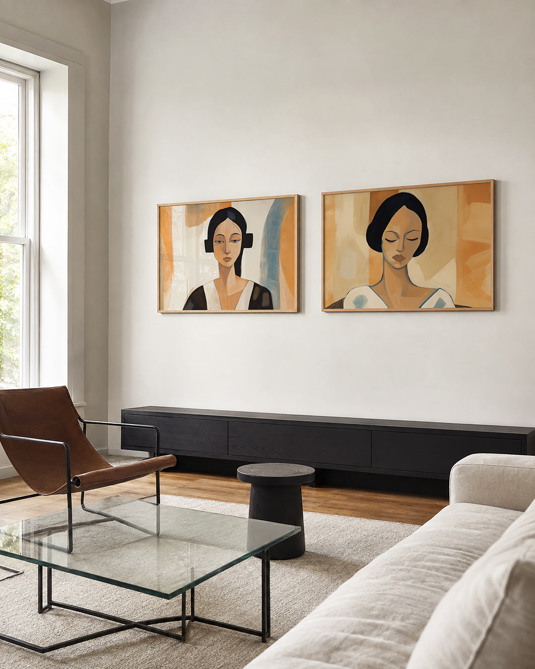 Interieurpresentatie van twee posters met een vrouwelijk figuur met donkere haren en een serene blik