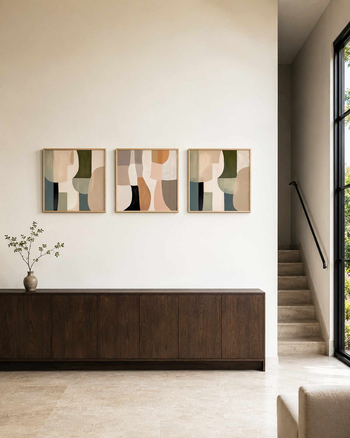 Interieurpresentatie van een driedelige vierkante posterset met abstracte vormen