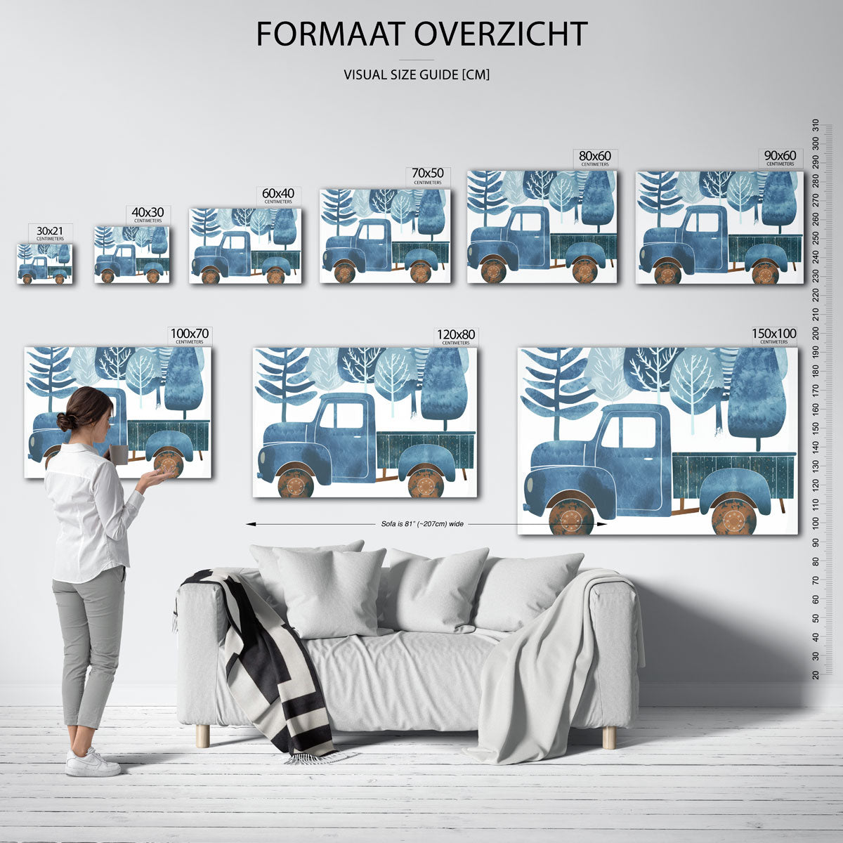 Blauwe vrachtwagen met bomen Poster