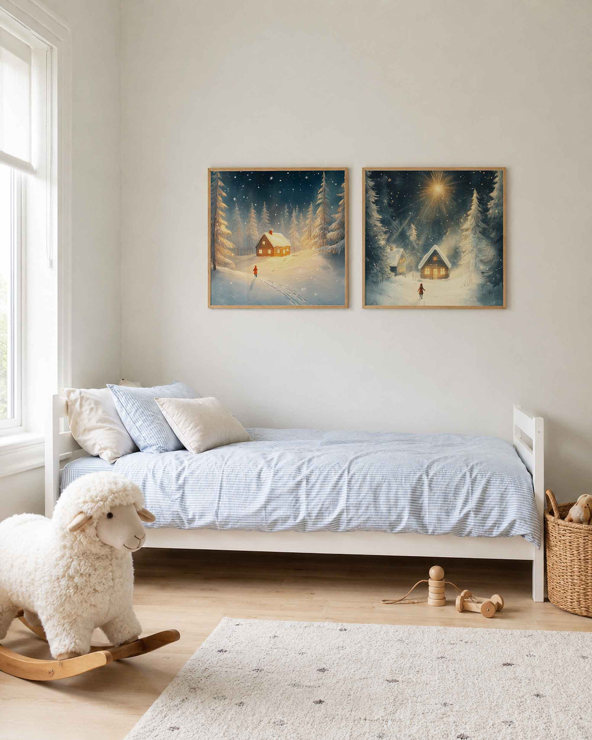 Interieurpresentatie van een tweedelige vierkante posterset met besneeuwde boshuisjes