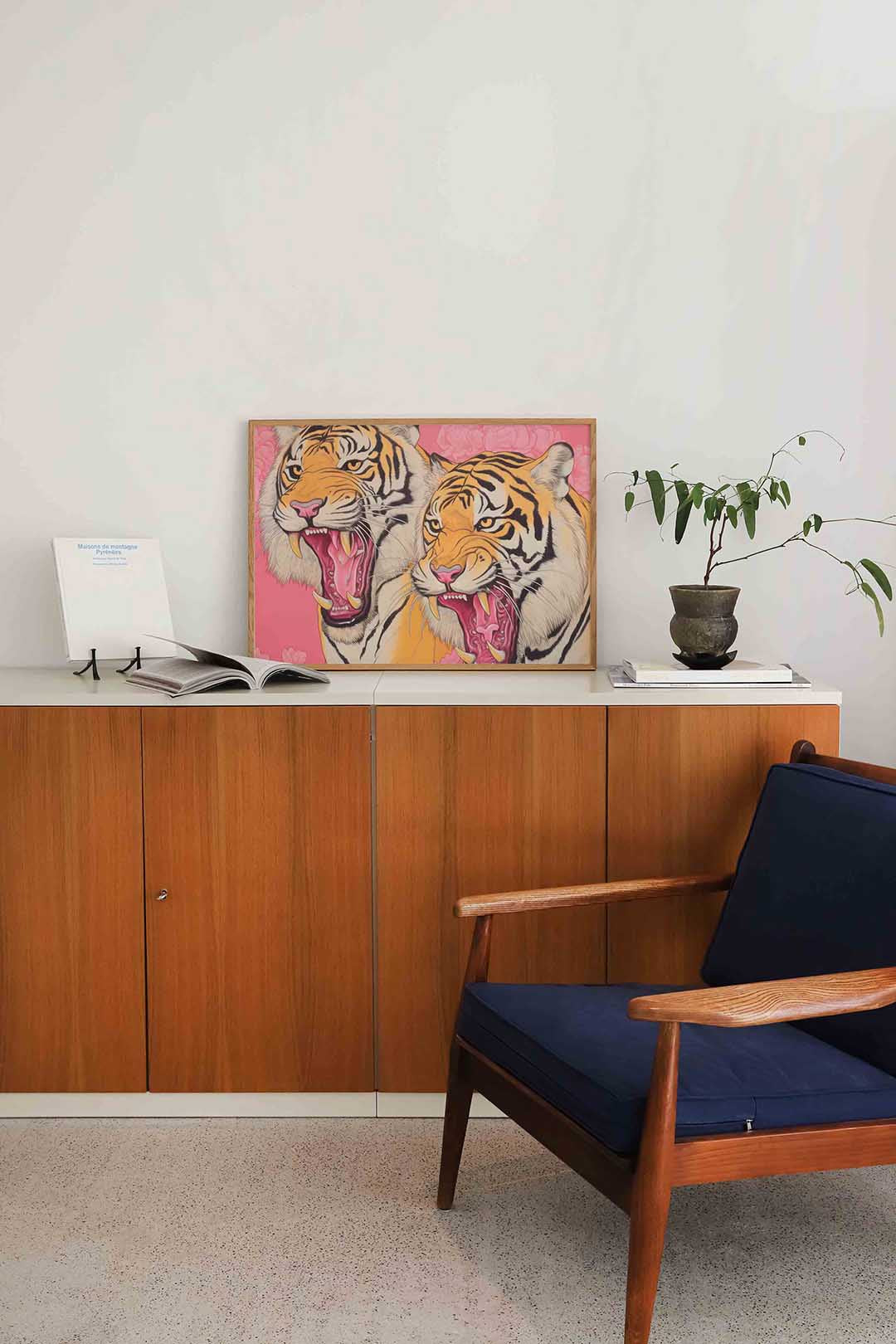 Twee tijgers op roze achtergrond Poster