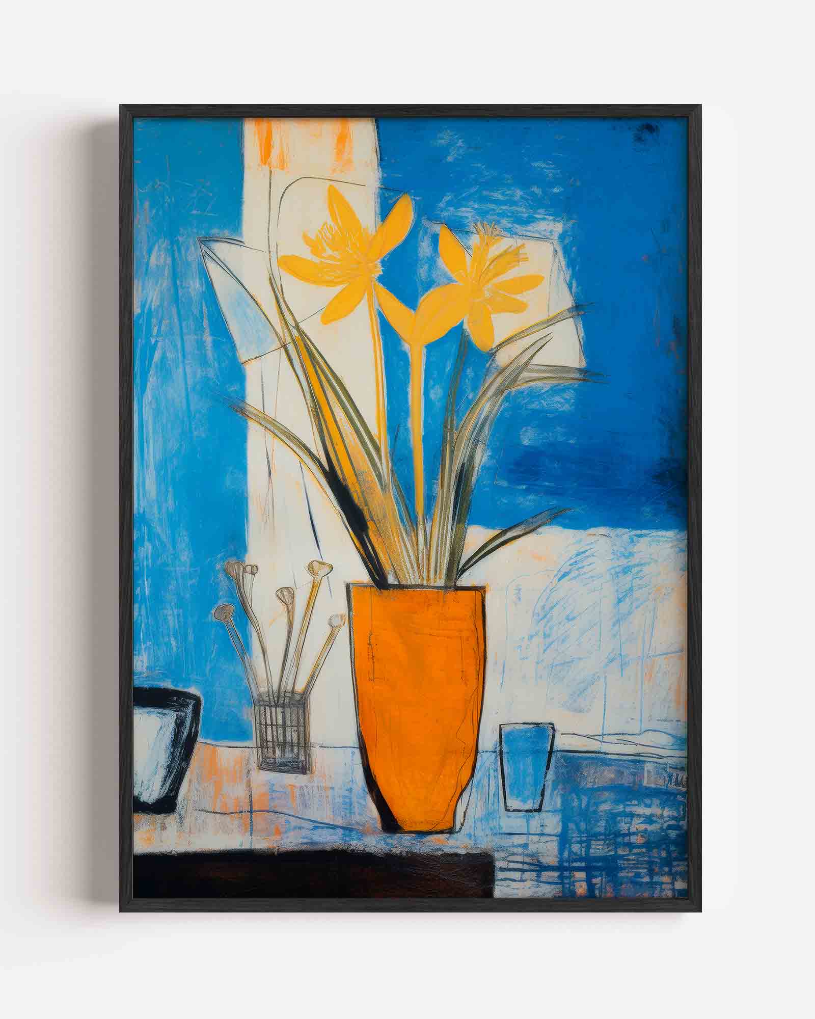 Gele bloemen in oranje vaas Poster