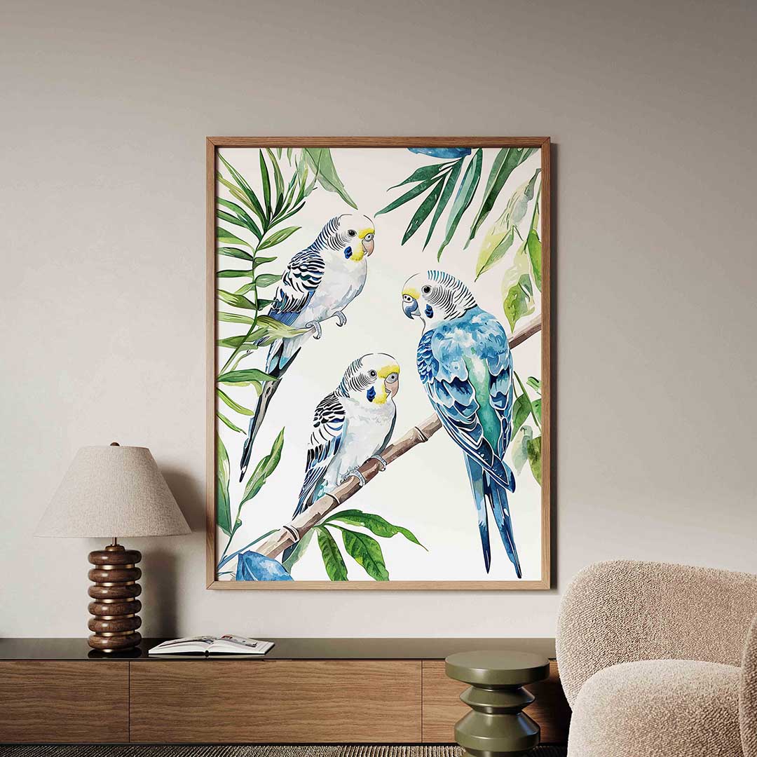 Drie parkieten op tak Poster