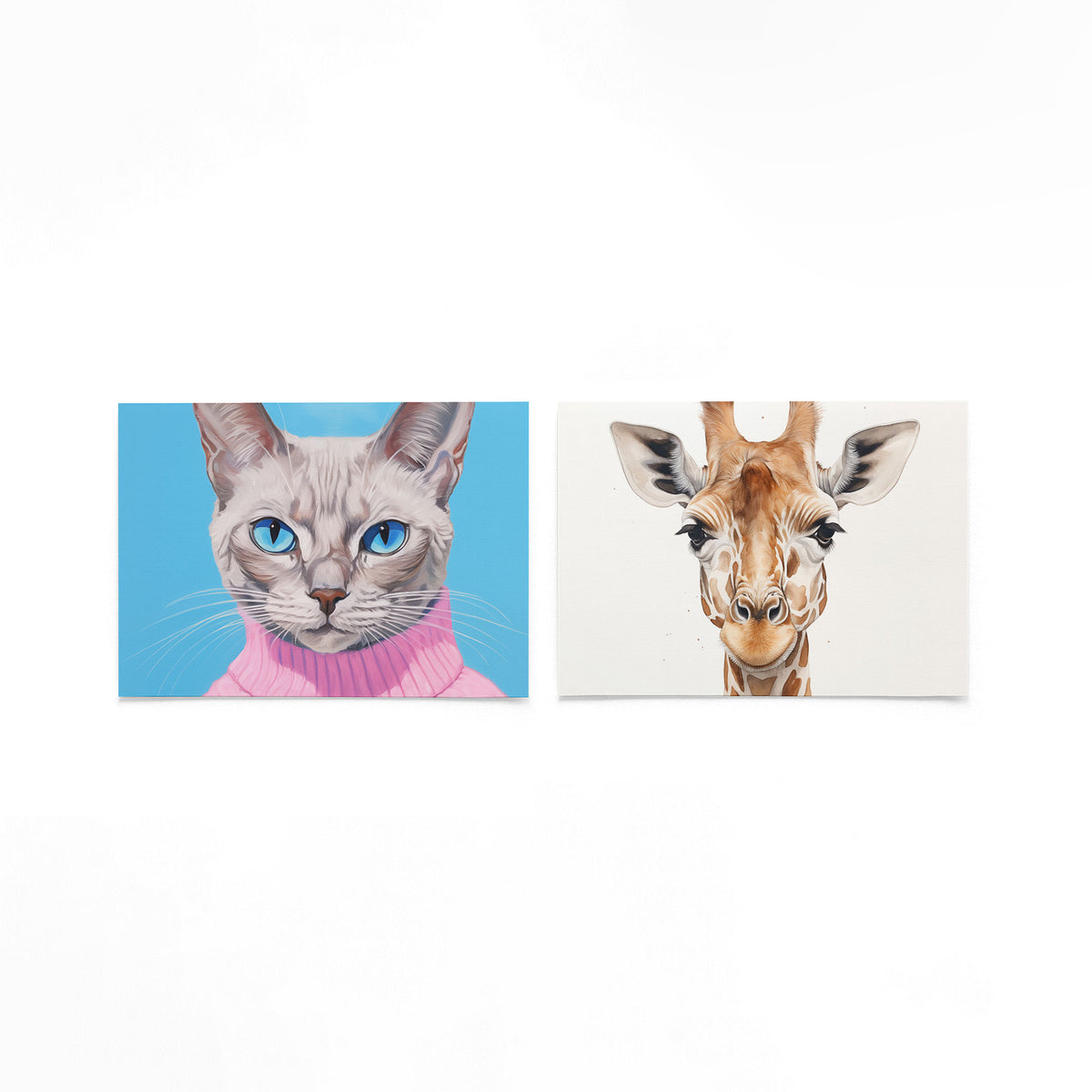 Twee liggende posters met een kat met helderblauwe ogen en een roze trui op een gebroken witte achtergrond