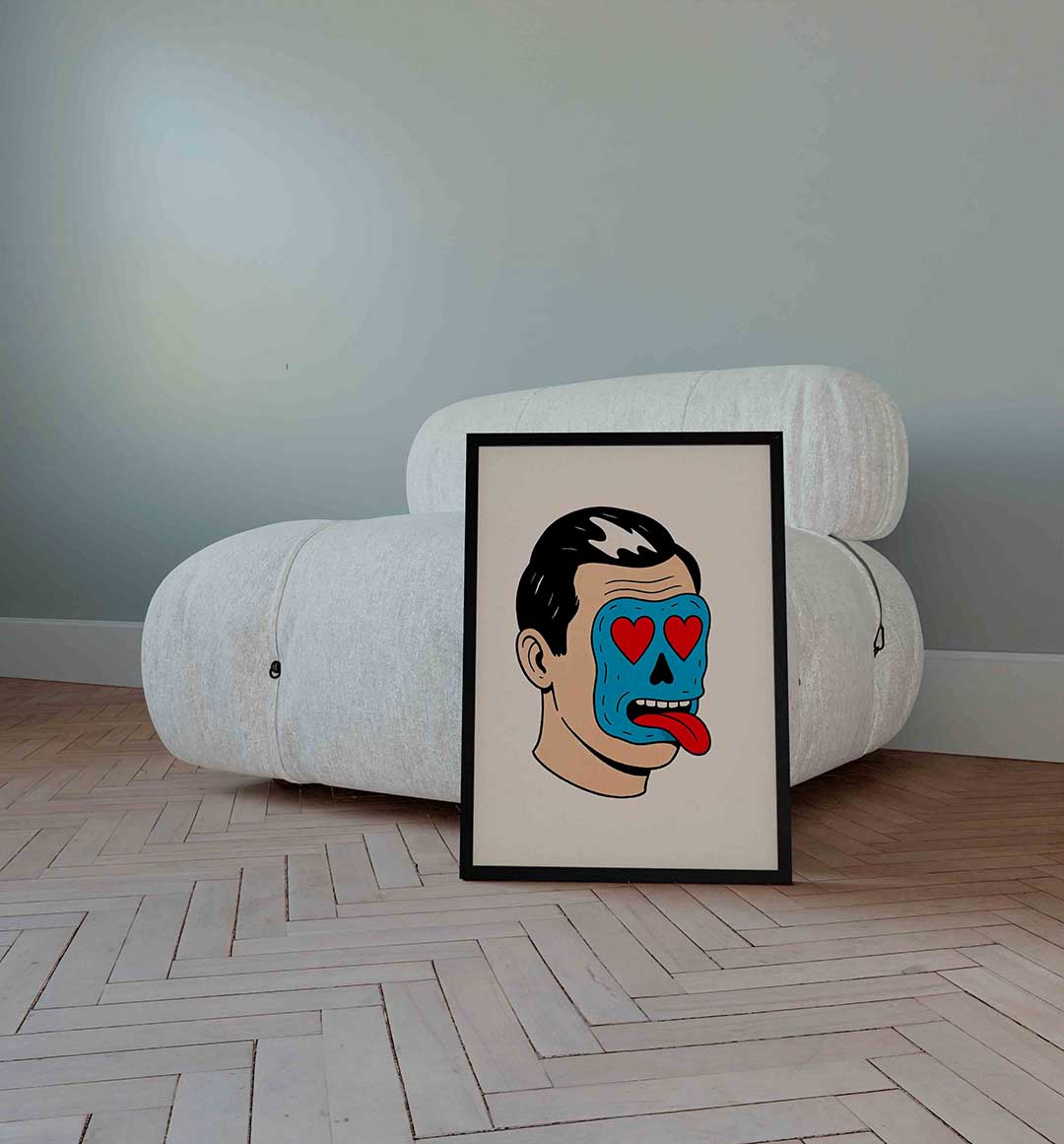 Blauw gezicht met rode harten Poster