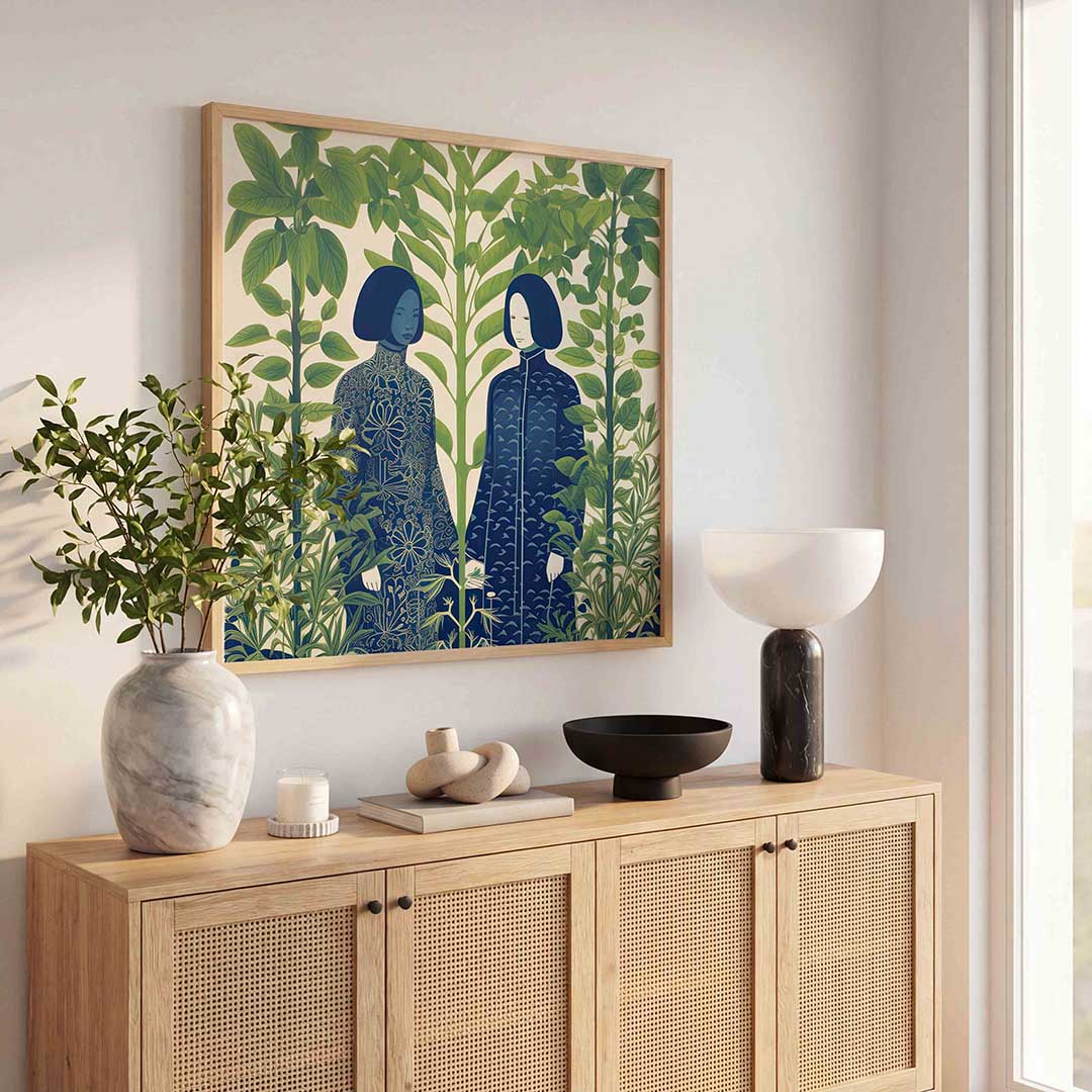 Twee figuren tussen groene planten Poster