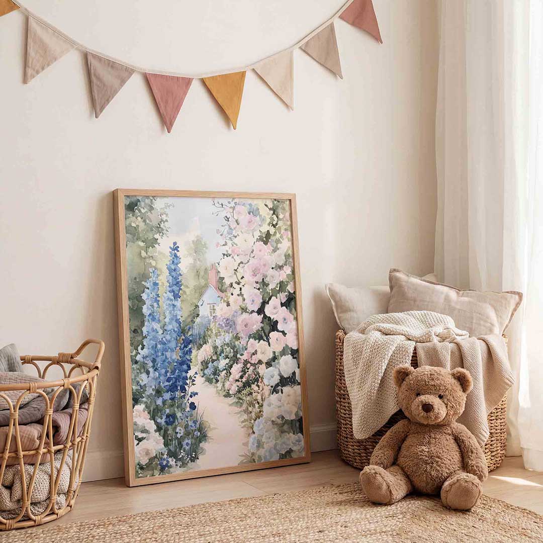 Bloementuin met huisje Poster